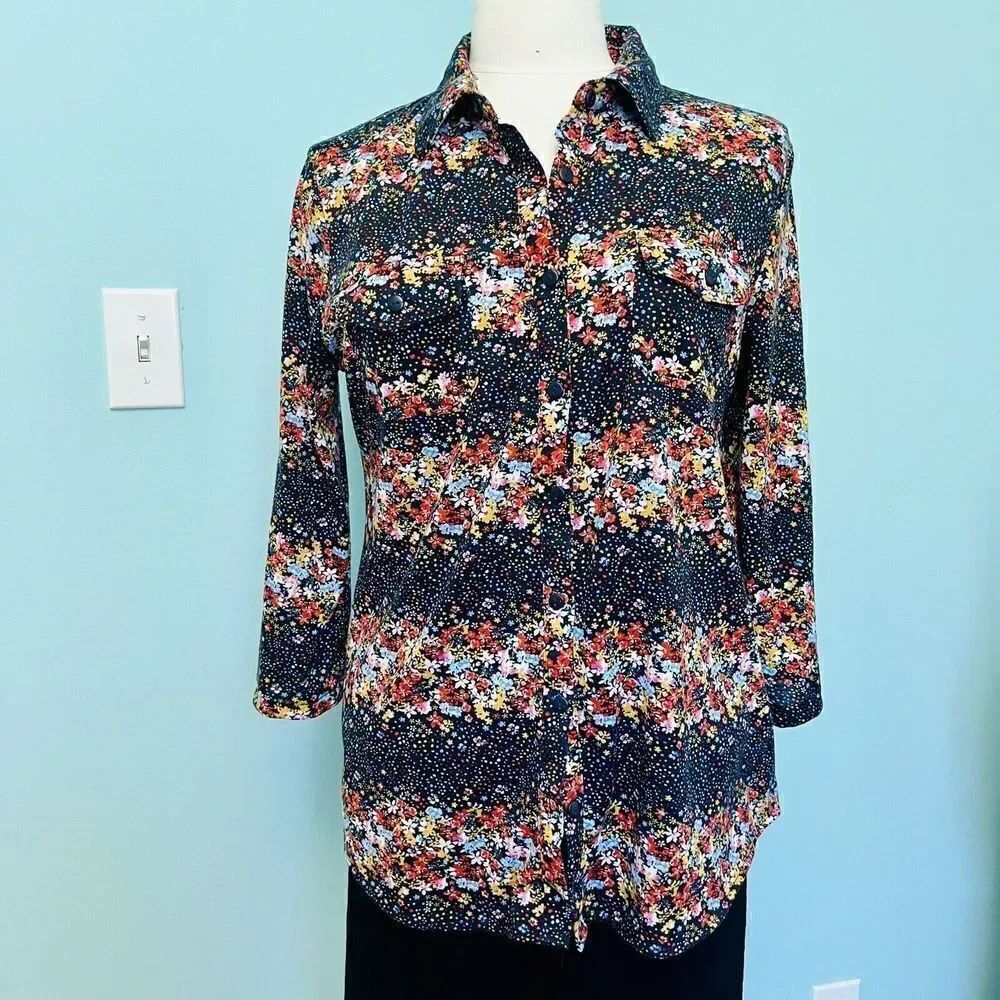 Eden & Olivia M Black Floral Flower Button Down Top Comfy Roll Up Sleeves 0767